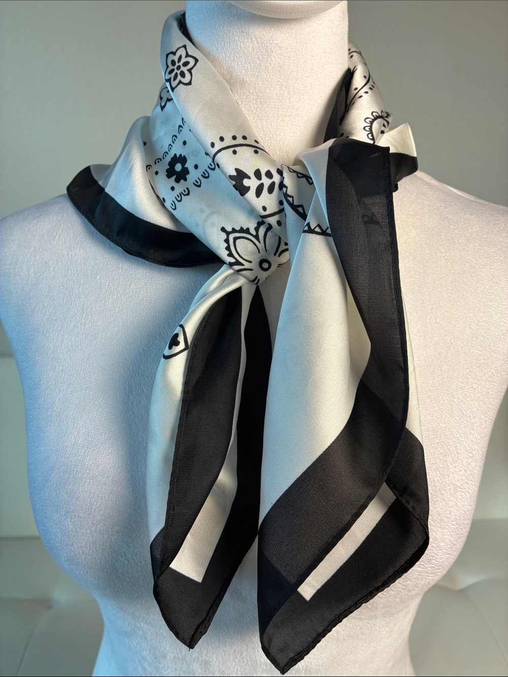 Classic Black & White Floral Bandana Style Satin Scarf